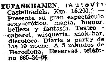 Anunci d'un espectacle a la Discoteca Tutankhamen de Gav� Mar publicado en el diario LA VANGUARDIA (23 de Septiembre de 1977)